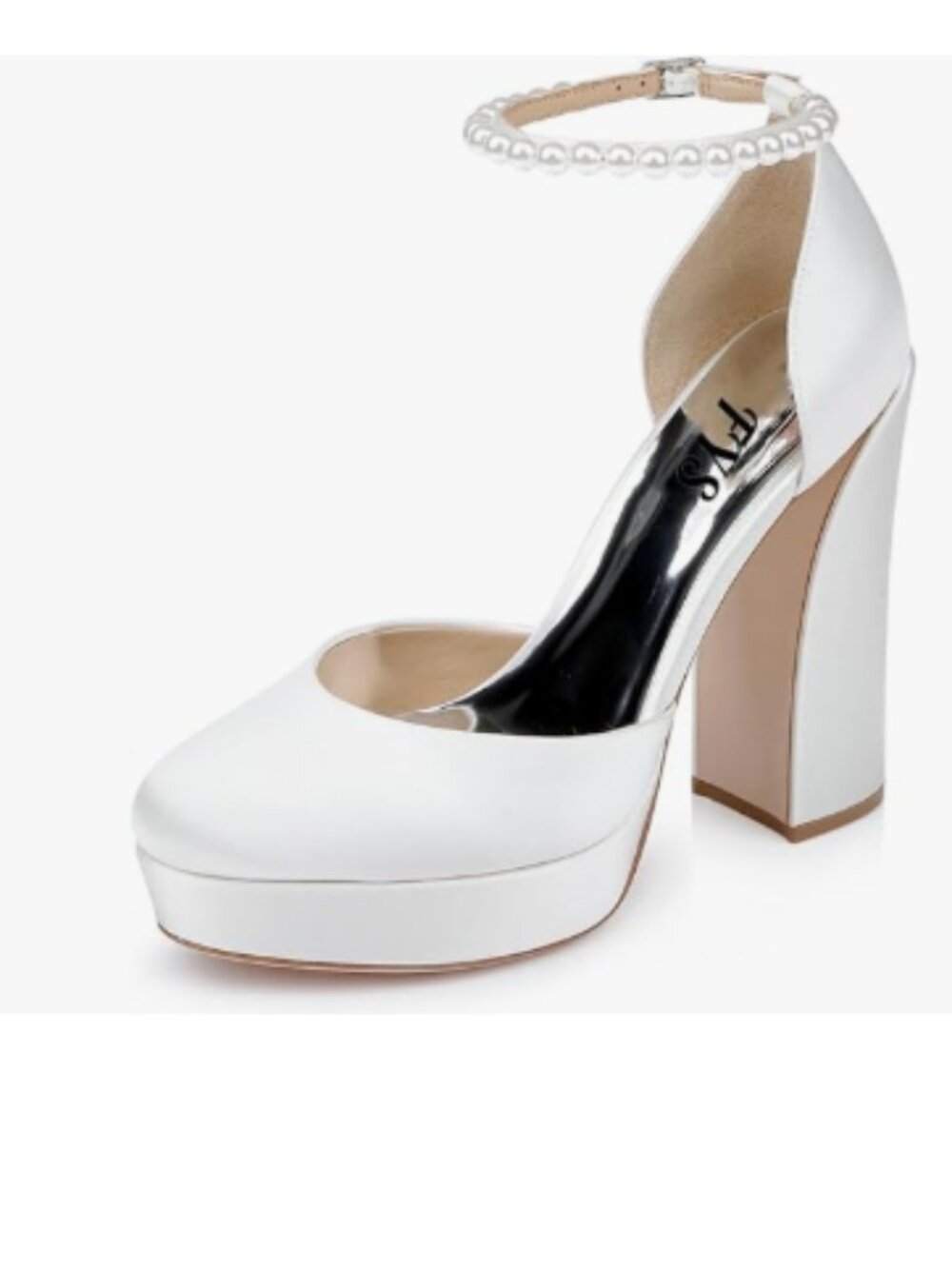 FYS White Round Toe Pump Platform Chunky High Heels Bejeweled Ankle Strap Shoes